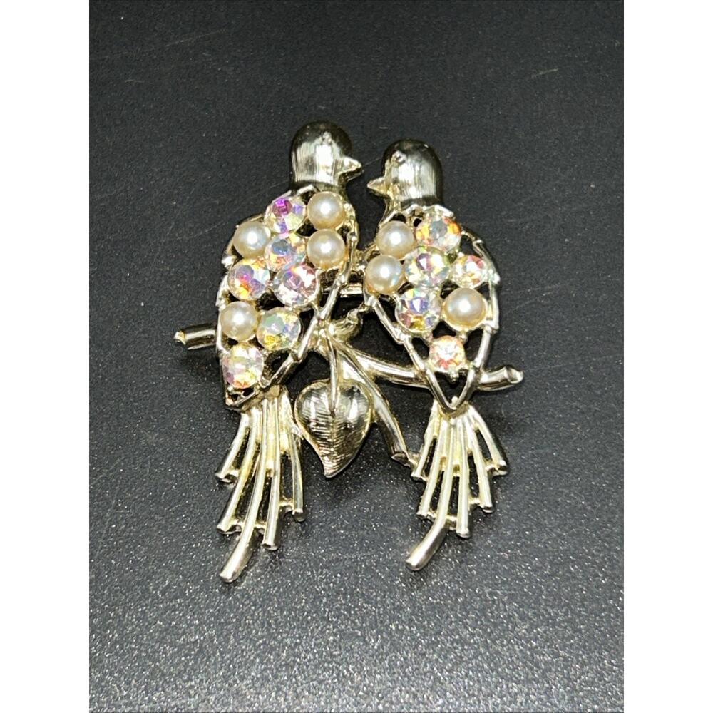 Vintage Love Bird Brooch Faux Pearls AB Rhinestones Lovey Doves Gold Tone